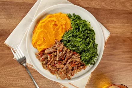 Carne Louca, Couve e Purê de Abóbora (Low Carb)