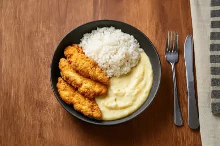 Filé de Frango à Milanesa Fit, Creme de Milho e Arroz Branco